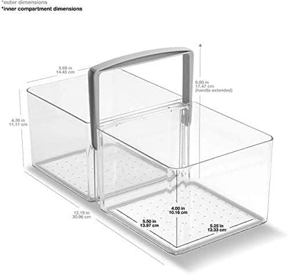 madesmart Fridge Portable Tote, Condiment Caddy with 2 Compartments, Pop-Up Handle & Non-Slip Base, Refrigerator Organizer for Sauces, Jars & Small Items, Clear