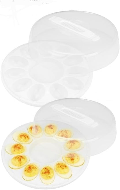 Deviled Egg Carrier Container With Lid, Round Plastic Storage Tray, 12 Egg Capacity, Set of 2, Clear With Built-in Handles