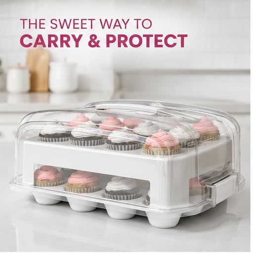 Top Shelf Elements Cupcake Carrier, EXTRA TALL LID, Green Cupcake Holder Carries 24 Standard-Size Cupcakes, Muffin Traveler Two Tier Stand Reusable Cupcake Box