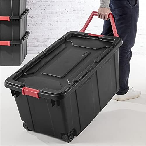 Sterilite Heavy Duty 40 Gallon Wheeled Industrial Storage Tote, 4-Pack, Black