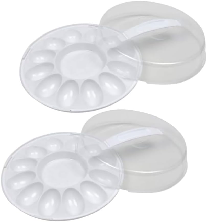 Deviled Egg Carrier with Lid and Handle, 12-Slot Plastic Container, Tray BPA Free 10.375 Inch Round, Freezer Safe - 2 Pack - For Serving and Storing Deviled Eggs BONUS 1 Disposable Decorating Bag