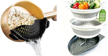 AUOON Clip On Strainer Silicone for All Pots and Pans (Black, Standard) & AUOON Collapsible Colander Set (3QT + 4QT) with Draining Base (White+Gray)