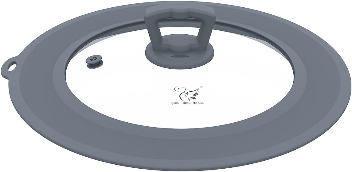 Vented Tempered Glass Universal Lid for Pot Pan Skillet with Heat Resistant Silicone Rim Microwave Splatter Lid Cover Microwave Safe Fit 11.5" 12" 12.5" Cookware, Dishwasher Safe Grey