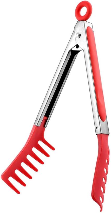 Red Stainless Steel Pasta Tong, Large 9" Stainless Steel Spaghetti Tongs, Comfortable Grip Design Pasta Server Utensil for Noodles Kitchen Cooking Baking Tools