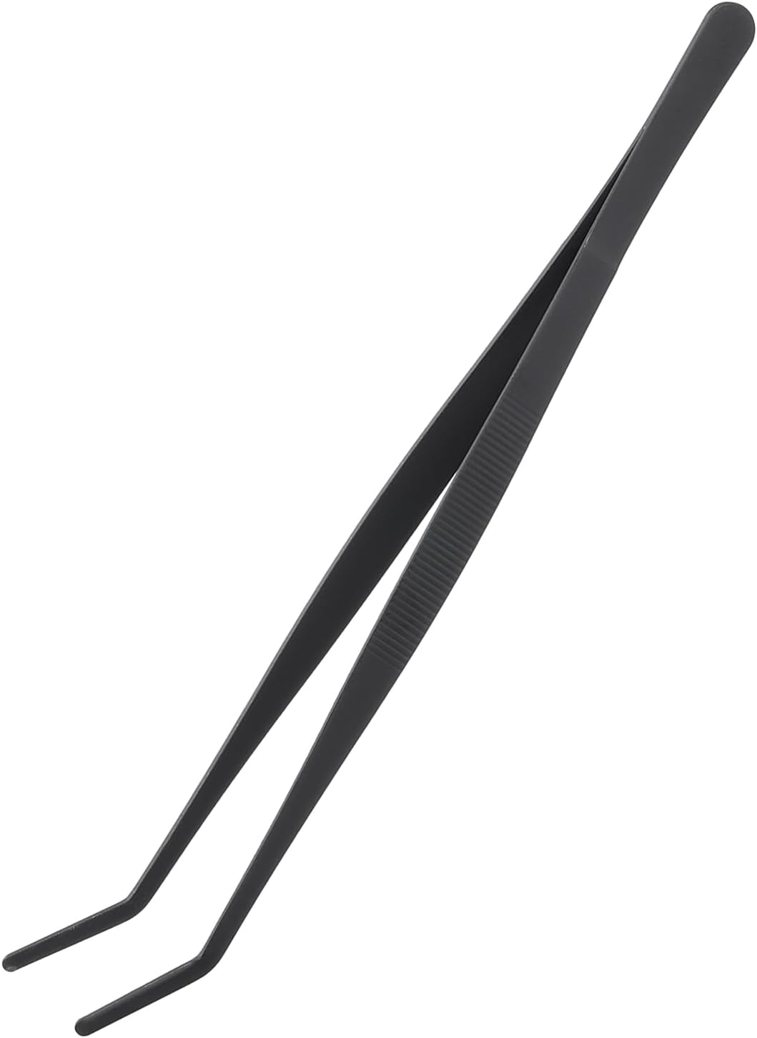 uxcell Kitchen Tweezers Stainless Steel, 8 Inch Food Tongs Fine Cooking Tweezers Set Extra-Long Tweezer Tongs for Cooking Grill Baking BBQ, Black Bend Clip