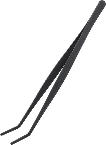 uxcell Kitchen Tweezers Stainless Steel, 8 Inch Food Tongs Fine Cooking Tweezers Set Extra-Long Tweezer Tongs for Cooking Grill Baking BBQ, Black Bend Clip