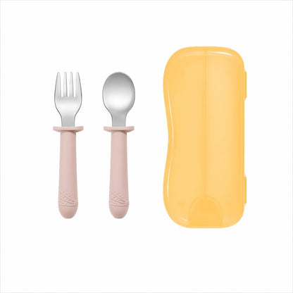 Stainless Steel and BPA Free Silicone Fork and Spoon Set with Travel Case for Baby/Toddler, 6+ Months, 3 Pieces, Color: Blush