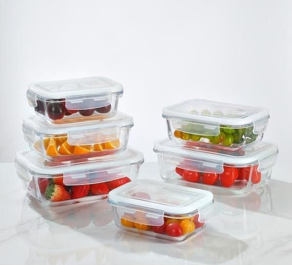Rectangular Glass Food Storage Containers with Airtight Lids, 5-Piece Set – 34oz, 22oz, 13oz Meal Prep & Leftover Containers, Oven Microwave Freezer Dishwasher Safe