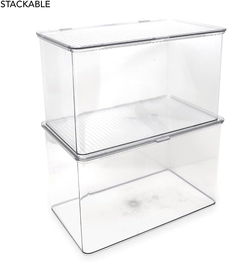 Isaac Jacobs Medium Stackable Organizer Bin (10.75”x6.5”x3.7”) w/ Hinged Lid, Clear Storage Box, Home, Office, School, Fridge, Bathroom, Kitchen, Pantry Container, BPA-Free, Food Safe (Medium, Clear)