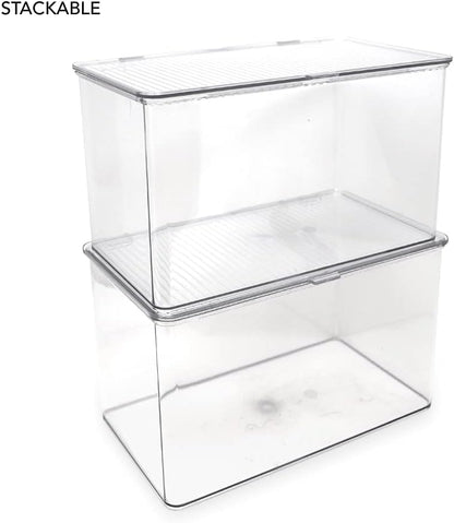 Isaac Jacobs Medium Stackable Organizer Bin (10.75”x6.5”x3.7”) w/ Hinged Lid, Clear Storage Box, Home, Office, School, Fridge, Bathroom, Kitchen, Pantry Container, BPA-Free, Food Safe (Medium, Clear)