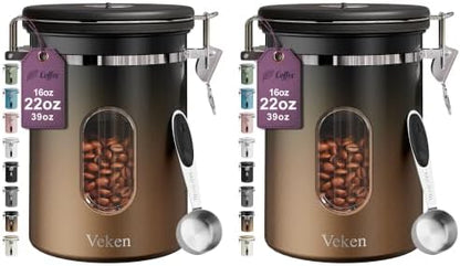 Veken Coffee Canister with Window, Family Choice Awards Winner, Airtight Stainless Steel Home Kitchen Food Storage Container with Lids for Grounds, Beans, Tea, Flour,Cereal,Sugar Jars,Scoop,16OZ,Black