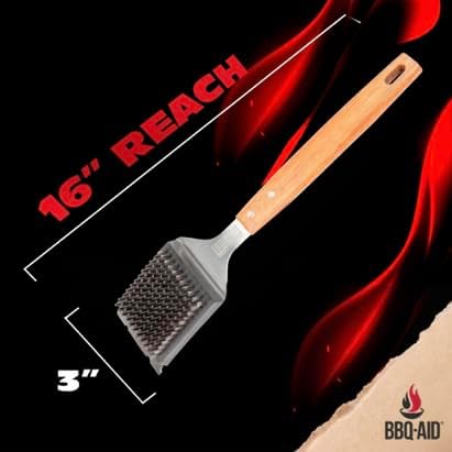 BBQ-Aid Grill Brush and Scraper for Barbecue – Grill Brush for Outdoor Grill with Extended, Large Wooden Handle and Replaceable Stainless Steel Bristles Head –No Scratch- BBQ Grill Brush for Any Grill