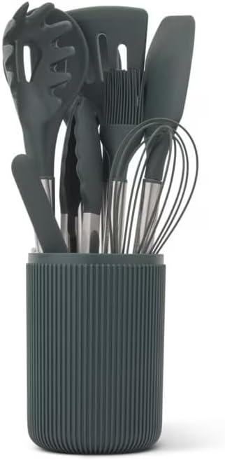 10-Piece Silicone Kitchen Utensil Set with Holder, High Heat Resistant & Nonstick Safe, Dishwasher Safe - Green