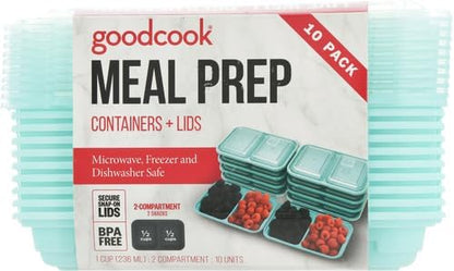 GoodCook 2-Compartment Food Storage Container Set with Snap-Shut Lids, Reusable Divided Snack Containers with Lids, Set of 10, Blue