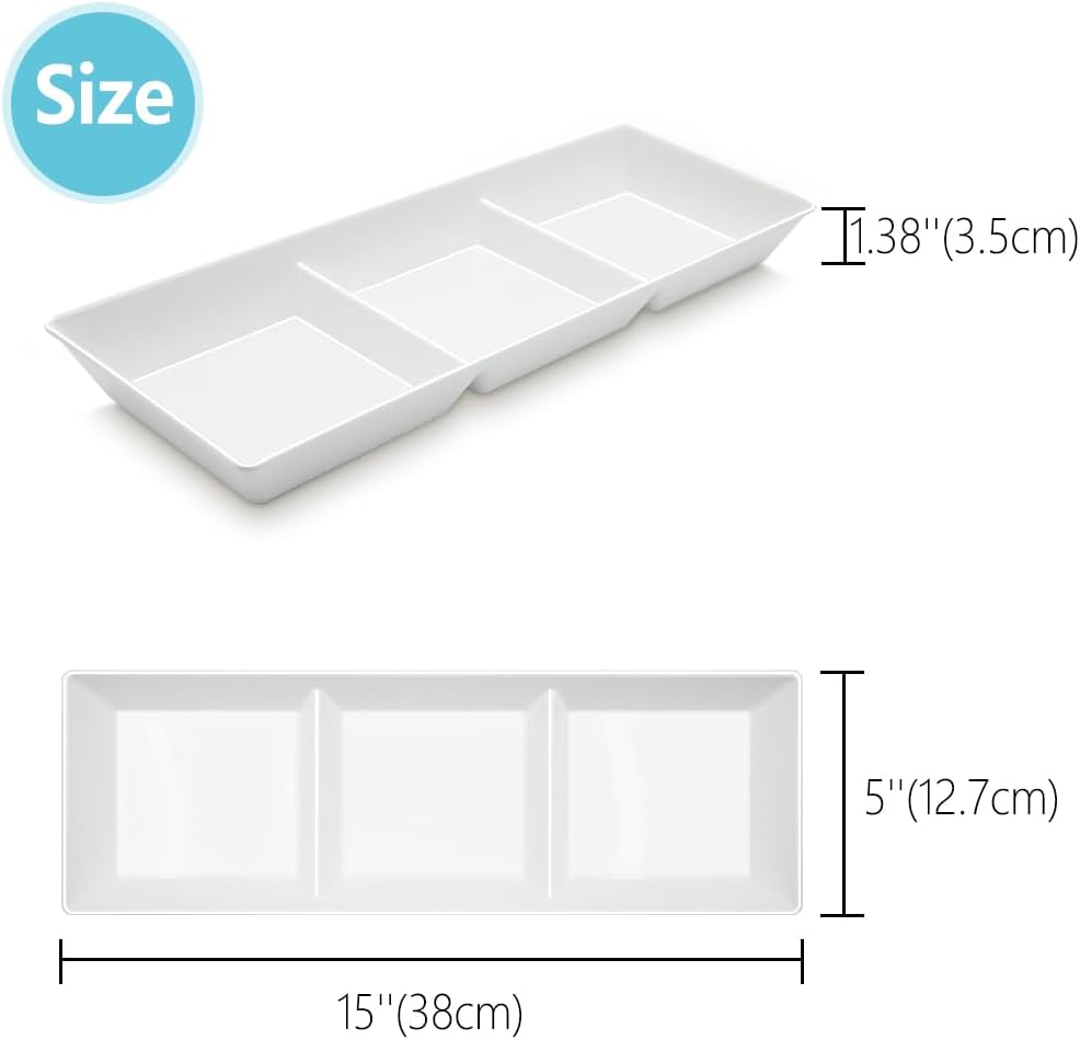 Divided Serving Tray Platter, 4 Pack 15" x 10" Fruit Veggie Food Tray for Party, Plastic Serving Trays for Appetizer, Snack, Dessert, Cookie, Brunch Decorations Platters, White Trays BPA-Free