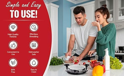 Upgraded 5-in-1 Large Chicken Shredder with Cleaning Brush & Tong 10'' Pro Chicken Shredder Tool Twist Large Stable Anti-Slip Ergonomic Handle Removable Tray Dishwasher Safe, BPA Free
