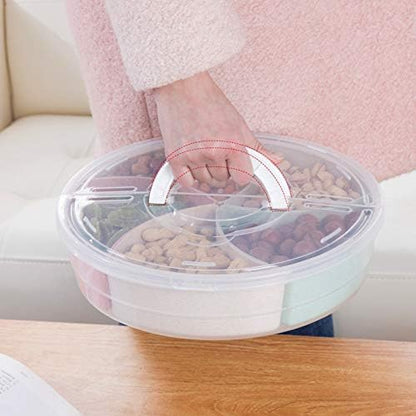 Snack Box with Lid and Handle, Divided Tray Large Round Plastic, Colorful Compartments Serving Box for Biscuit,Candy,Nut,Picnic,Party Food Container, Easy Distinguish Sealed Fruit Organizer Platter