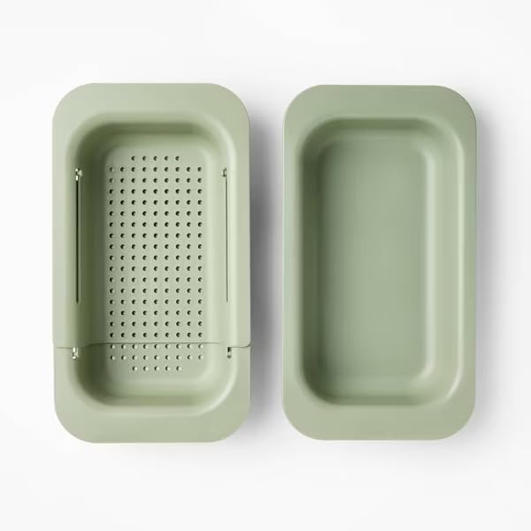Figmint Green, Plastic Soaking Tray Narrow Over the Sink Expandable Colander (pack of 2)
