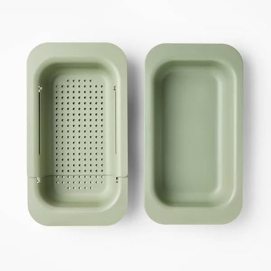 Figmint Green, Plastic Soaking Tray Narrow Over the Sink Expandable Colander (pack of 2)