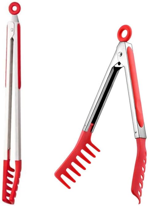 Red Stainless Steel Pasta Tong, Large 9" Stainless Steel Spaghetti Tongs, Comfortable Grip Design Pasta Server Utensil for Noodles Kitchen Cooking Baking Tools