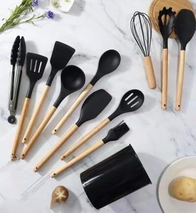 Deluxe 12-Piece Silicone Kitchen Utensils Set with Durable Cooking Utensils - Heat Resistant Nonstick Cookware Essentials, Includes Spoon, Spatula, Ladle, and Utensil Set Holder