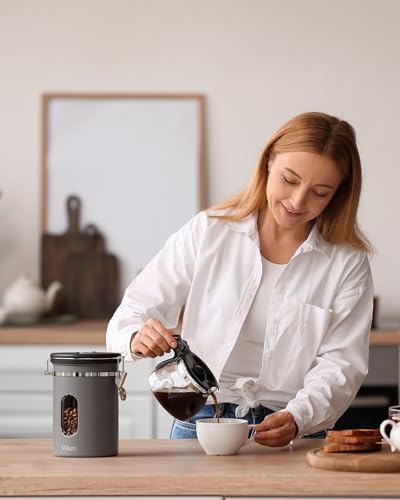 Veken Coffee Canister with Window, Family Choice Awards Winner, Airtight Stainless Steel Home Kitchen Food Storage Container with Lids for Grounds, Beans, Tea, Flour,Cereal,Sugar Jars,Scoop,16OZ,Black