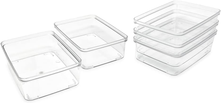 Isaac Jacobs 2-Pack Square Clear Storage Bins (10” L x 10” W x 6.1” H) w/Cutout Handles, Plastic Organizer for Home, Office, Kitchen, Fridge/Freezer, Bathroom, BPA Free, Food Safe (2-Pack, Square)