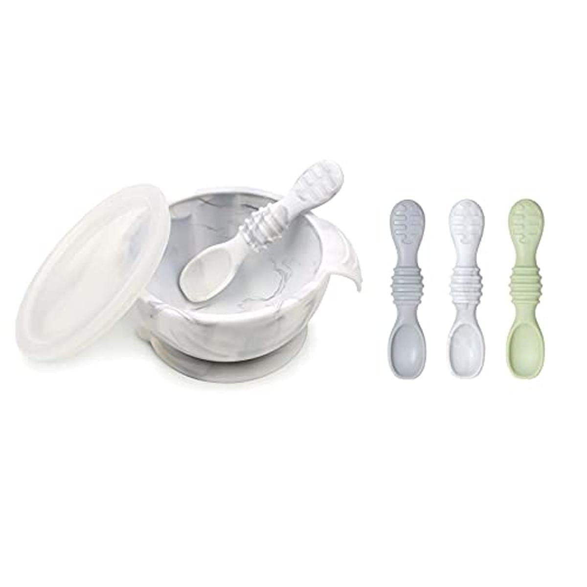 Bumkins Baby Bowl, Silicone Feeding Set with Suction for Baby and Toddler, Includes Spoon and Lid, First Feeding Set, Training Essentials for Baby Led Weaning for Babies 4 Months Up, Sage
