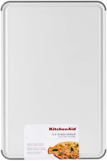 KitchenAid Classic Plastic Cutting Board with Perimeter Trench and Non Slip Edges, Dishwasher Safe, 12 inch x 18 inch, Gray