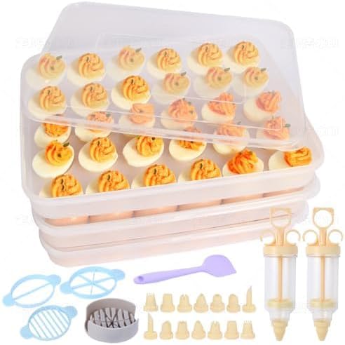 2-Layer Deviled Egg Containers With Lid,36pcs Easter Deviled Egg Tray Carrier with Handl Injector Piping Tool,Portable Stackable Egg Holder Platter Holder Organizer for Refrigerator Party Picnic Event