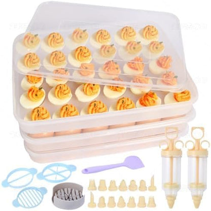 2-Layer Deviled Egg Containers With Lid,36pcs Easter Deviled Egg Tray Carrier with Handl Injector Piping Tool,Portable Stackable Egg Holder Platter Holder Organizer for Refrigerator Party Picnic Event