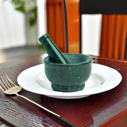 Zig Zag 4 Inch Natural Granite Marble Mortar and Pestle Set Solid Green Stone Marble Grinder for Guacamole, Herbs, Spices, Medicine