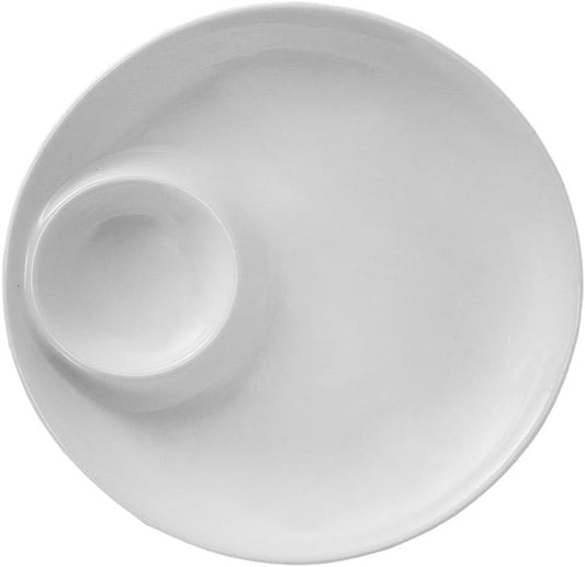 9-Inch White Ceramic in-Dish Serving Plate with Sauce Compartment for Dumplings Snacks and Appetizers - Elegant Dining Solution