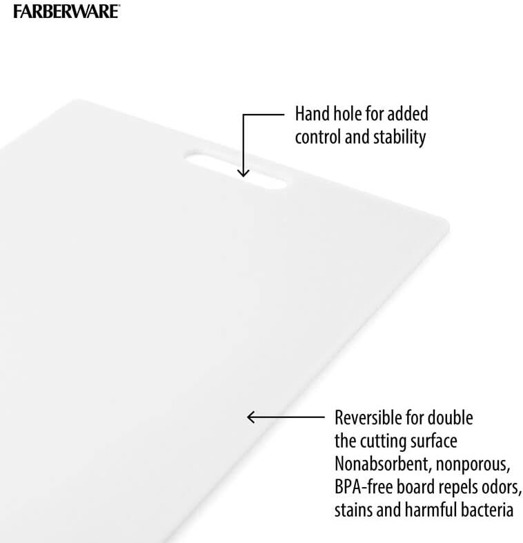FARBERWARE Large Cutting Board, Dishwasher- Safe Plastic Chopping Board for Kitchen with Easy Grip Handle, 11in by 14in, White