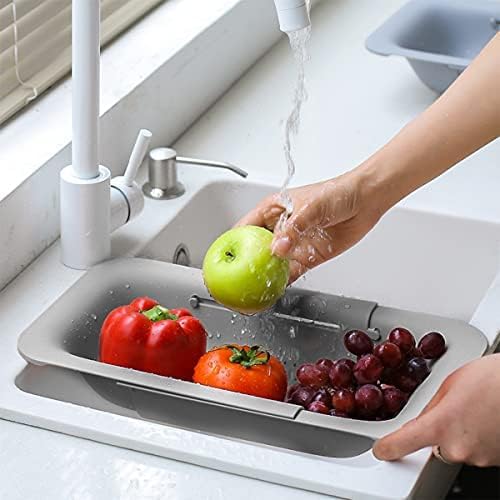 KesaPlan Collapsible Sink Colanders and Strainers Basket Over the Colander Extendable Plastic Fruit Vegetable Strainer Drainer for Kitchen(Length 14.3-19.4 inch)(Gray Set of 2)