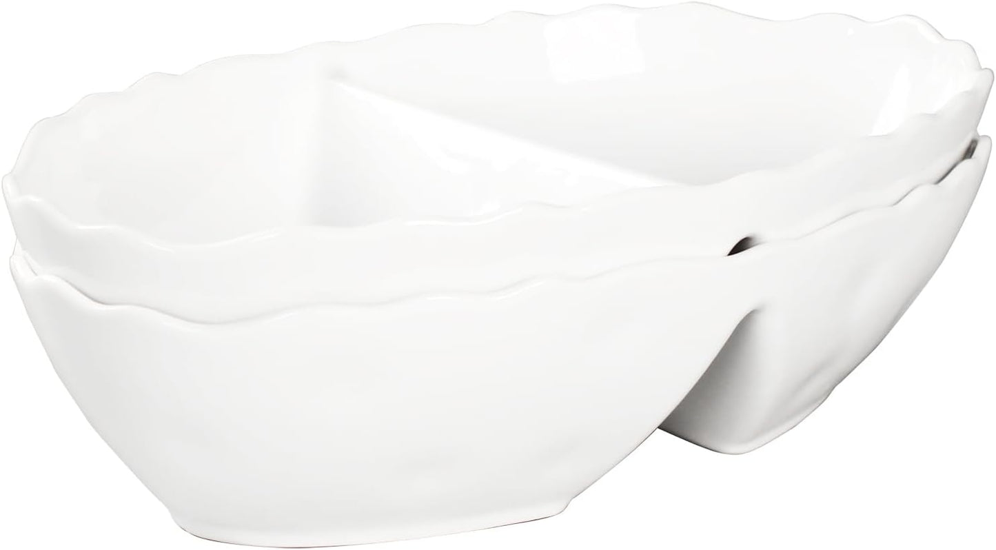 Ceramic 10.9 Inch Chips and Dip Set, Chips and Dip Divided Tray, Moisture Proof Cereal Bowl (for Salad, Pasta, Fruit, Sauce), Divided Moisture Proof Cereal Bowl Buffet Bowl Set