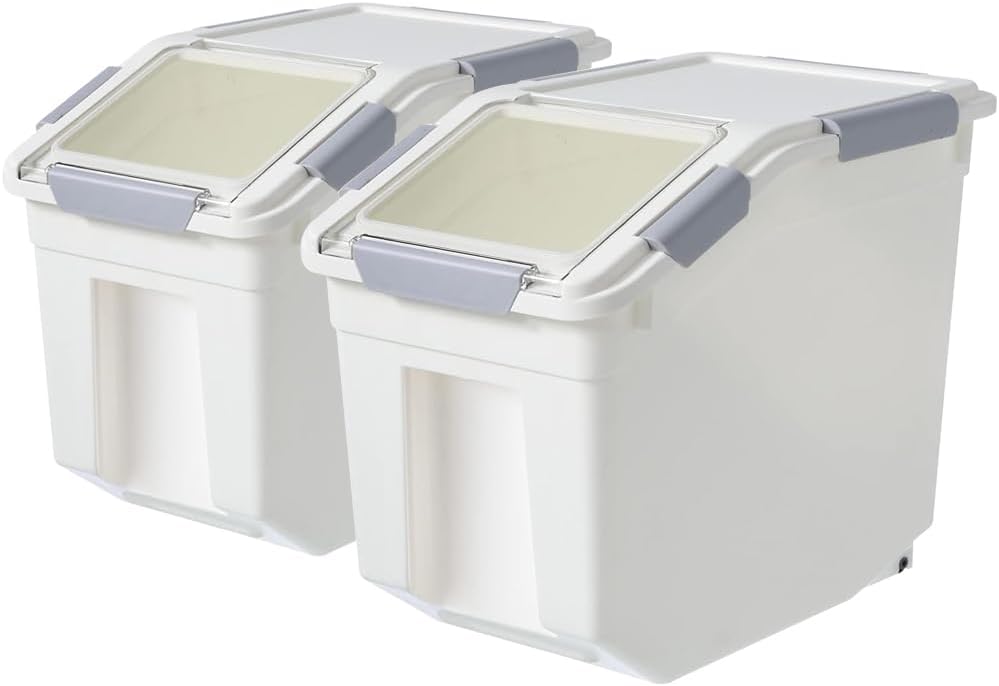 20Lbs 2 Pack Food Storage Container with Scoop, Airtight Rice Storage Bins Flour Containers Pet Food Dispenser with Handle & Wheels, Plastic Kitchen Pantry Organization for Cereal Baking Supplies