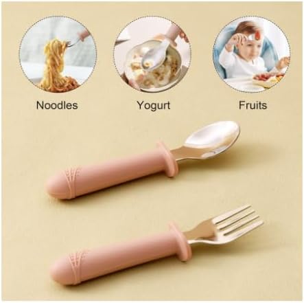 Stainless Steel and BPA Free Silicone Fork and Spoon Set with Travel Case for Baby/Toddler, 6+ Months, 3 Pieces, Color: Blush