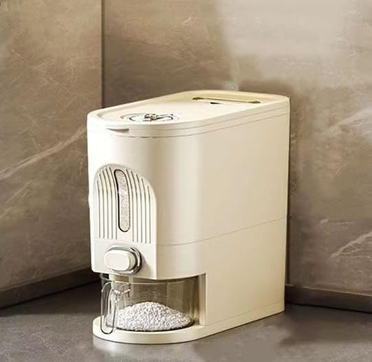 IEEK 25 Lbs Rice Dispenser, Large Cereal Dry Food Storage Containers with Measuring Cup and Lid,Moisture Proof Airtight Food Dispenser Bucket for Rice,Corn,Coffee Bean,Grain,Soybean and Oatmeal,White