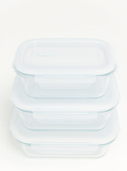 Glass Food Storage Container Set, 3 Piece, Rectangular with White Lids, 13.9oz/23.6oz/35.1oz Capacity, Stackable Meal Prep Containers