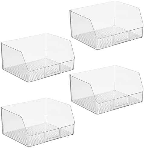 mDesign Wide Plastic Kitchen Food Storage Organizer Bin Basket with Open Front and Built-In Label Holder for Cabinets, Pantry - 12 Inch Width - 4 Pack - Clear