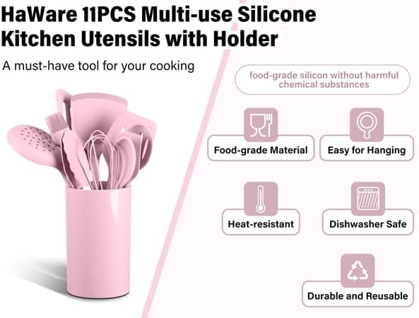 HaWare 11 PCS Silicone Cooking Utensils Set, Heat Resistant Kitchen Utensils with Holder, Food-grade Spatula Sets for Nonstick Cookware, Kitchen Tools Gadgets Include Fish Turner, Spoon (Black)