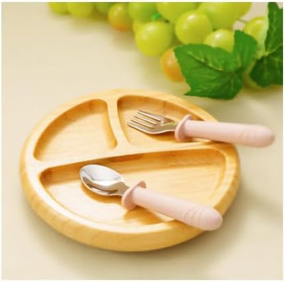 Stainless Steel and BPA Free Silicone Fork and Spoon Set with Travel Case for Baby/Toddler, 6+ Months, 3 Pieces, Color: Blush