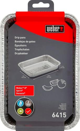 Weber Aluminum Drip Pans 10‑Pack – Disposable Foil Pans for Indirect Cooking, Catching Drippings, Ideal for Roasts, Turkeys & Gravy Drippings - Compatible with Weber Gas Grills - Grill Accessory