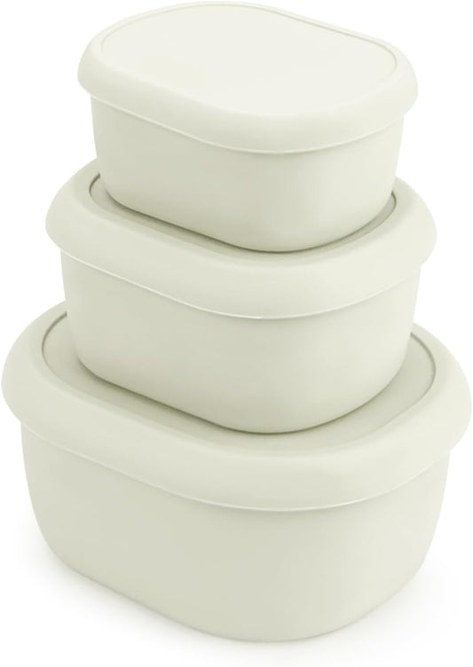 Silicone Food Storage Containers Set of 3 (6.8oz, 10.2oz, 20.3oz) - Leakproof, Microwave & Dishwasher Safe, Stackable Nesting Containers for Meal Prep, Lunch, Snacks, Freezer Friendly (Milky)