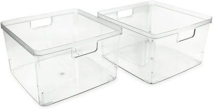 Isaac Jacobs 2-Pack Extra-Large Clear Storage Bins (11.5” L x 14” W x 9” H) w/Cutout Handles, Plastic Organizer for Home, for Kitchen, Fridge, Pantry, BPA Free, Food Safe (2-Pack, Extra-Large)