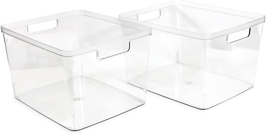 Isaac Jacobs 2-Pack Square Clear Storage Bins (10” L x 10” W x 6.1” H) w/Cutout Handles, Plastic Organizer for Home, Office, Kitchen, Fridge/Freezer, Bathroom, BPA Free, Food Safe (2-Pack, Square)