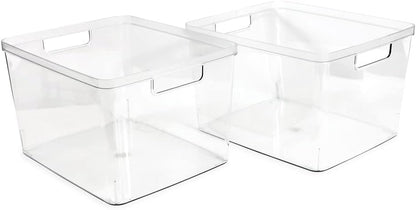 Isaac Jacobs 2-Pack Square Clear Storage Bins (10” L x 10” W x 6.1” H) w/Cutout Handles, Plastic Organizer for Home, Office, Kitchen, Fridge/Freezer, Bathroom, BPA Free, Food Safe (2-Pack, Square)