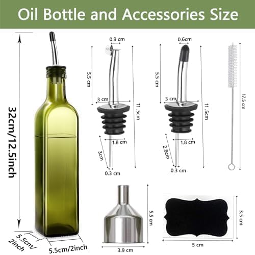 Leaflai Olive Oil Dispenser Bottle, Glass Olive Oil Dispenser and Vinegar Dispenser Set with Stainless Steel Pourers, 4 Labels,1 Brush and 1 Funnel Oil Bottles for Kitchen (500ml)