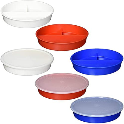 Sammons Preston High-Sided Divided Dish, White, Break-Resistant & Lightweight Polypropylene Plastic, 10" Diameter, 1.75" High Vertical Sides & 7/8" Section Dividers, Includes Lid for Travel & Storage